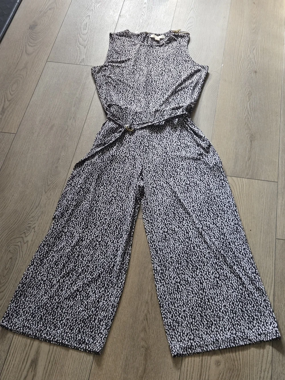 Michael Kors Black & White Sleeveless Wide-Leg Belted Jumpsuit